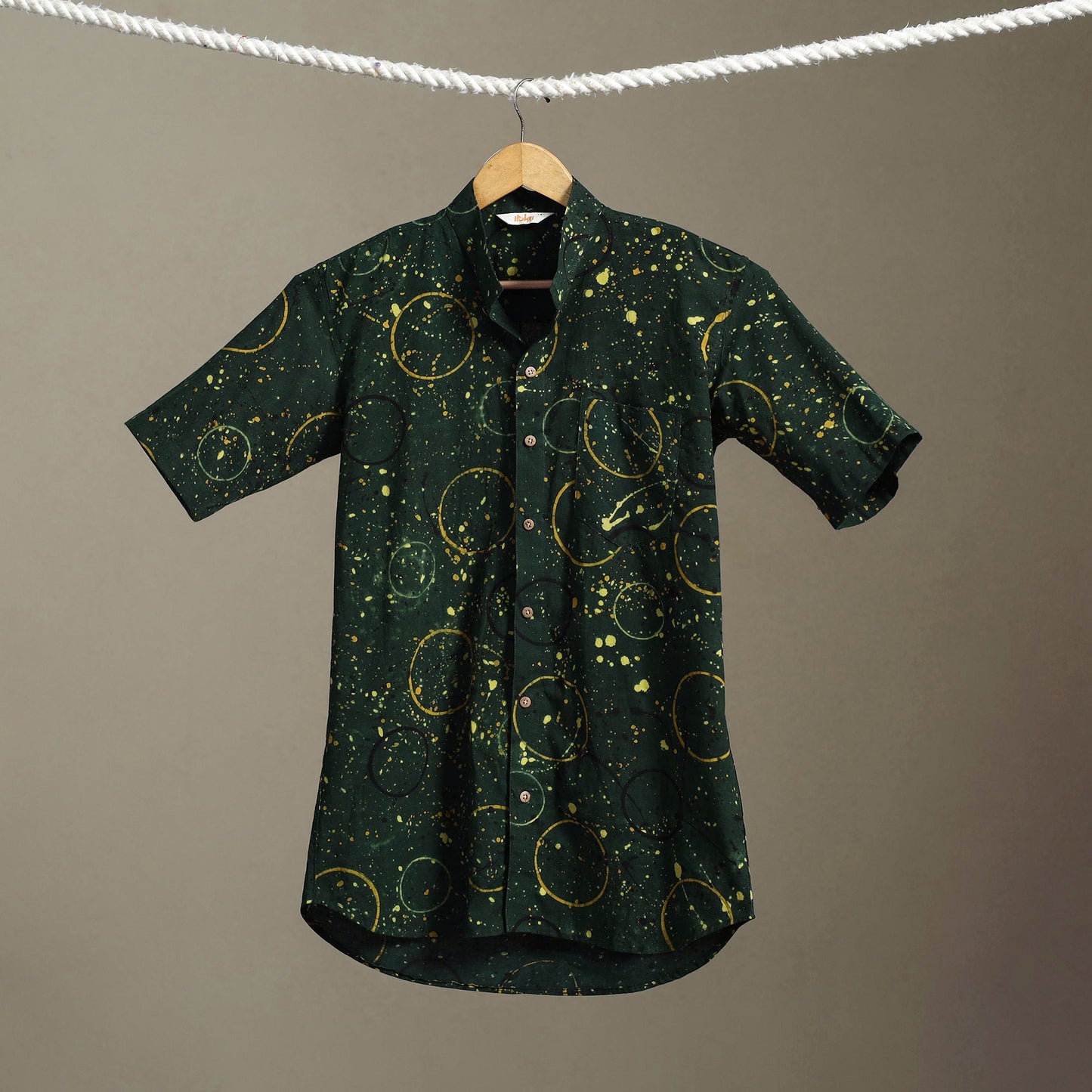 Green Block Print Cotton Men Half Sleeve Ajrakh Shirt