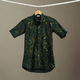 Green Block Print Cotton Men Half Sleeve Ajrakh Shirt