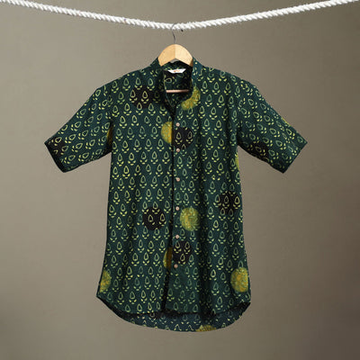 Green Block Print Cotton Men Half Sleeve Ajrakh Shirt