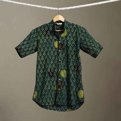 Green Block Print Cotton Men Half Sleeve Ajrakh Shirt