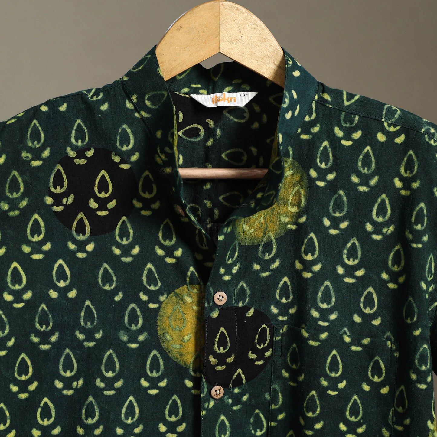 Green Block Print Cotton Men Half Sleeve Ajrakh Shirt