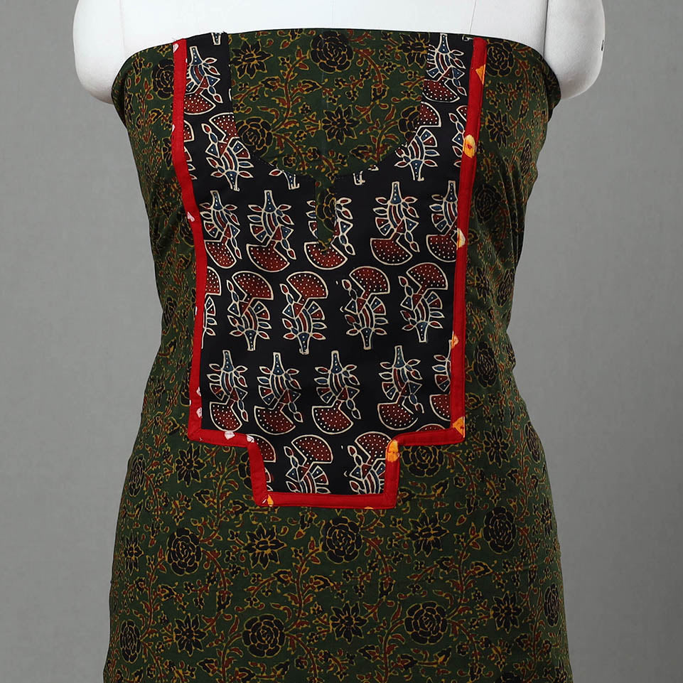 Green - Ajrakh Print Cotton Patchwork Kurta Material (3m) 06