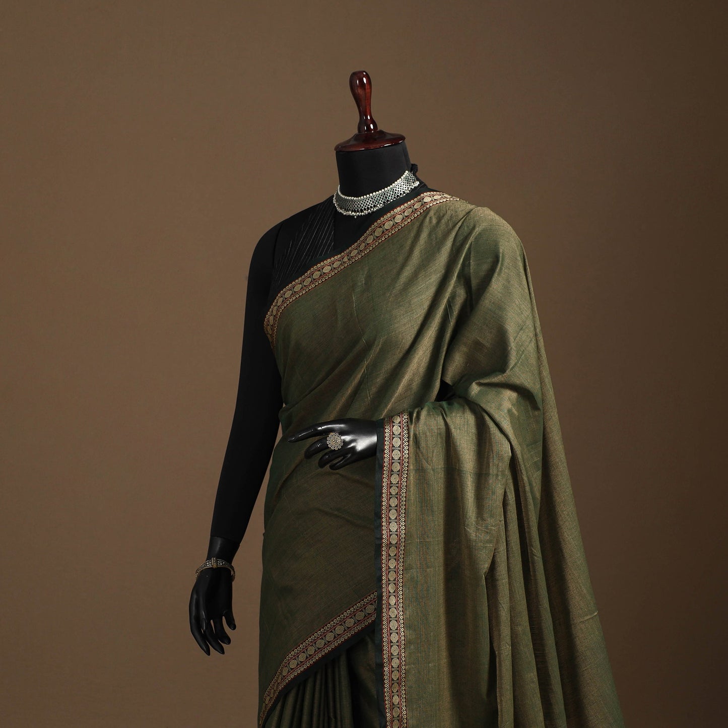 Green - cotton plain saree with thread border 34