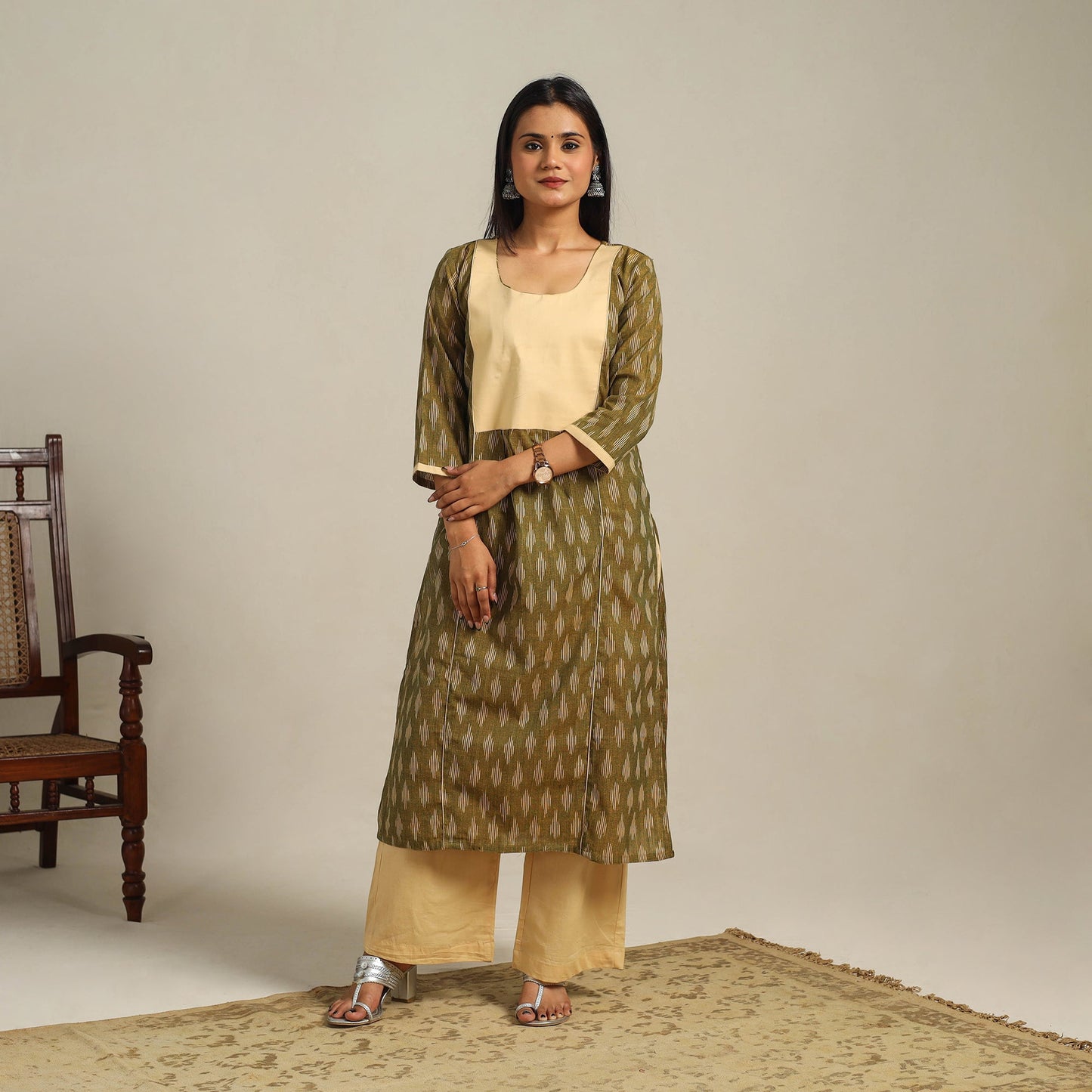 Green Cotton Pochampally Ikat Kurta Set (Set of 2)