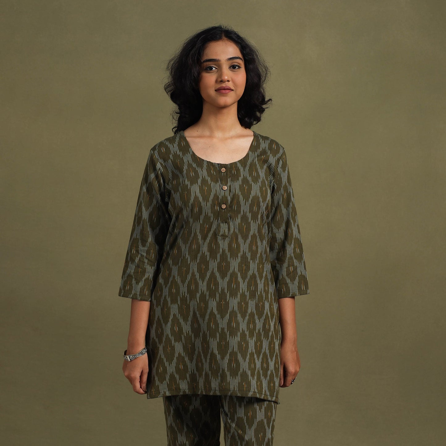 Green Cotton Pochampally Ikat Night Suit Set