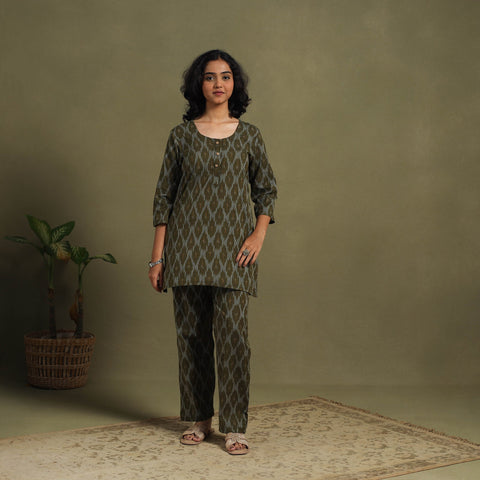 Green Cotton Pochampally Ikat Night Suit Set