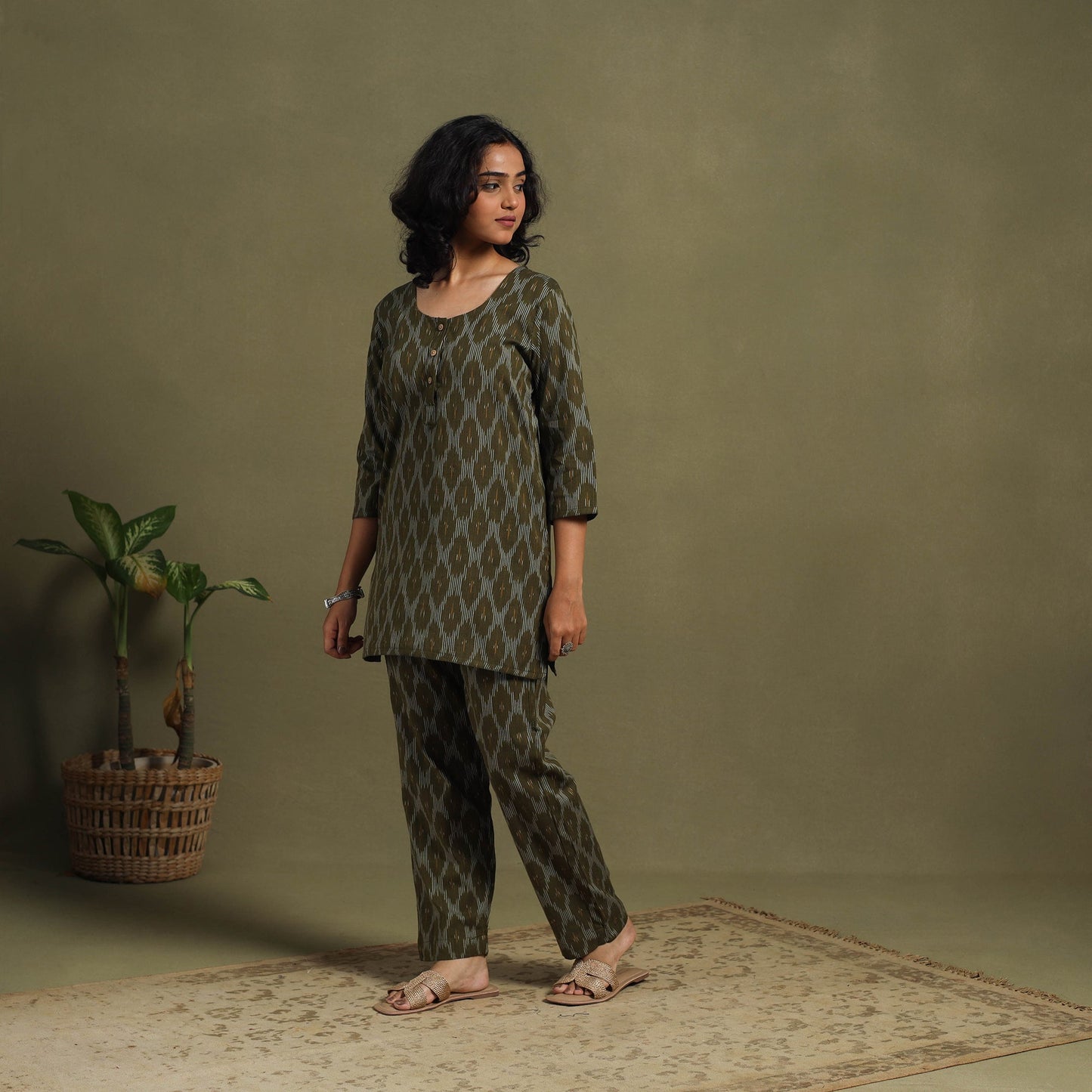 Green Cotton Pochampally Ikat Night Suit Set