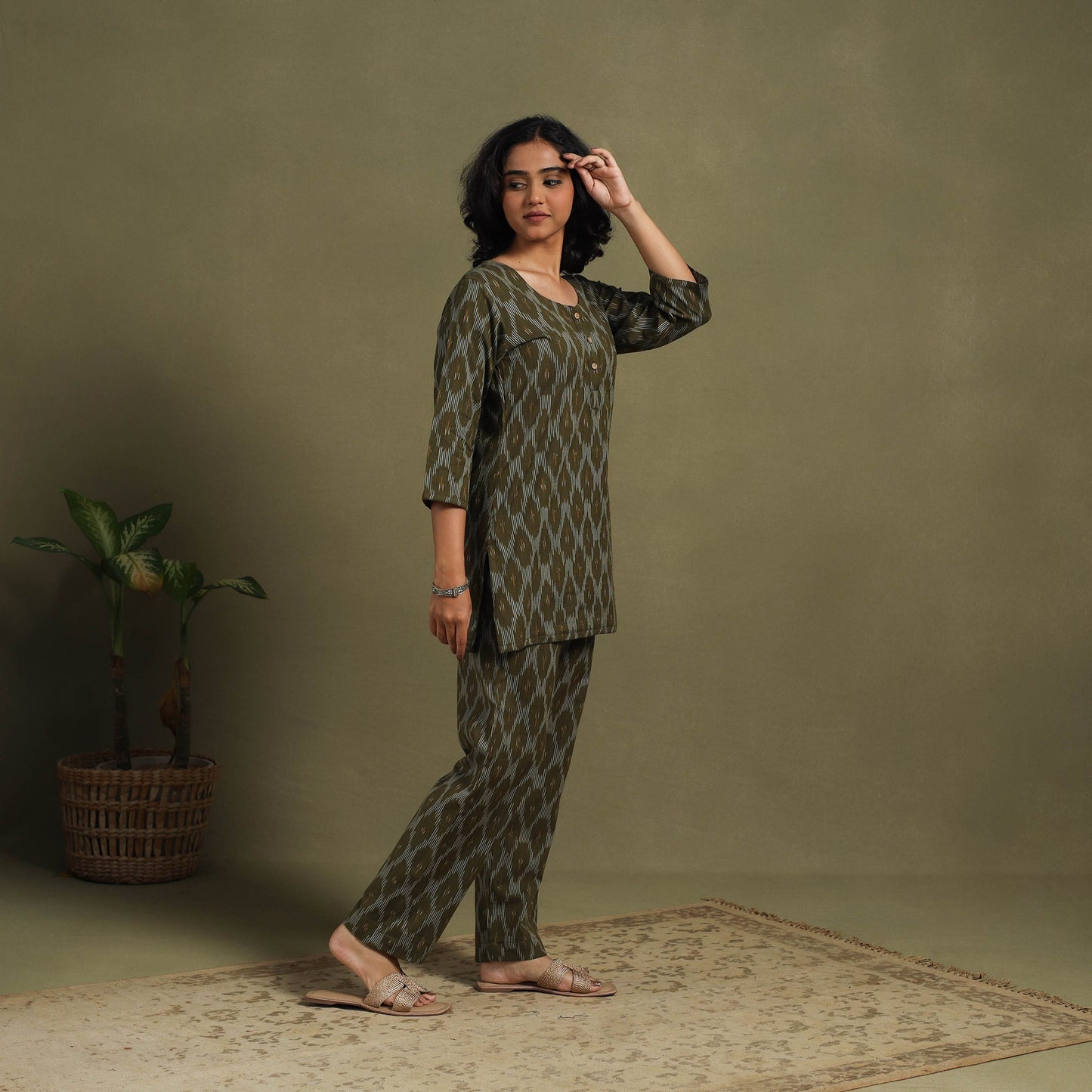 Green Cotton Pochampally Ikat Night Suit Set