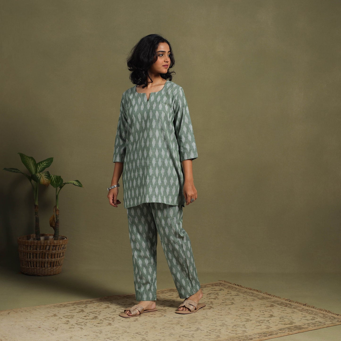 Green Cotton Pochampally Ikat Night Suit Set