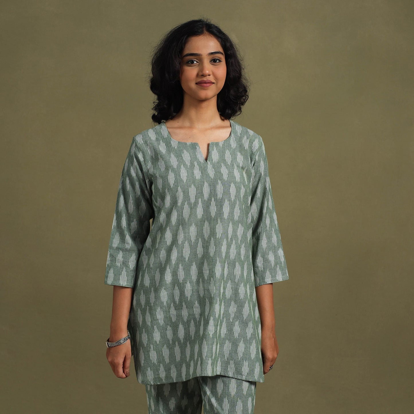 Green Cotton Pochampally Ikat Night Suit Set