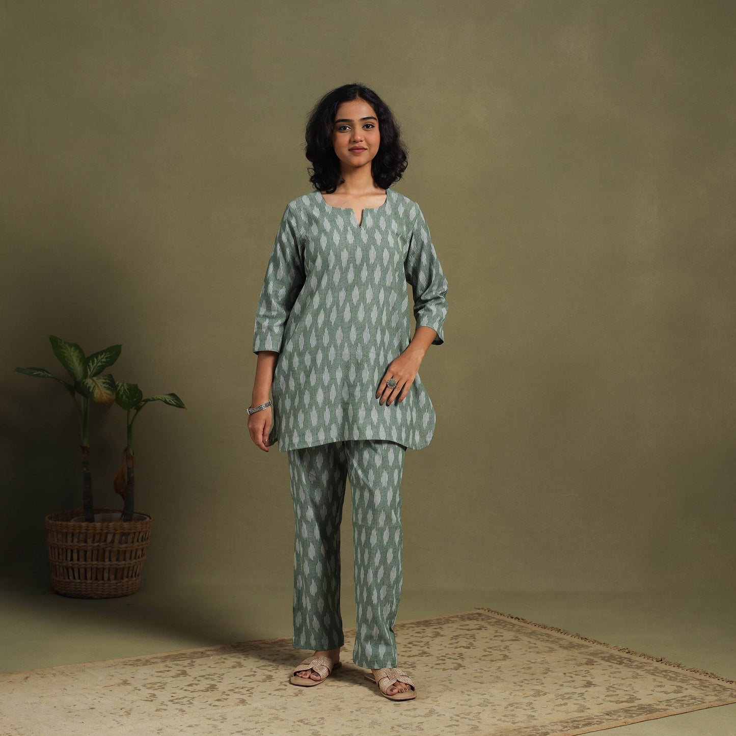 Green Cotton Pochampally Ikat Night Suit Set
