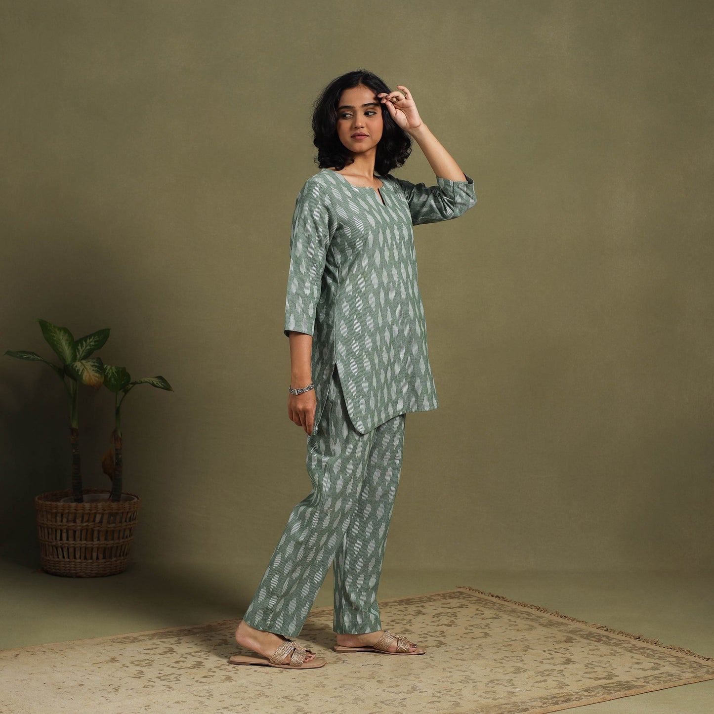 Green Cotton Pochampally Ikat Night Suit Set