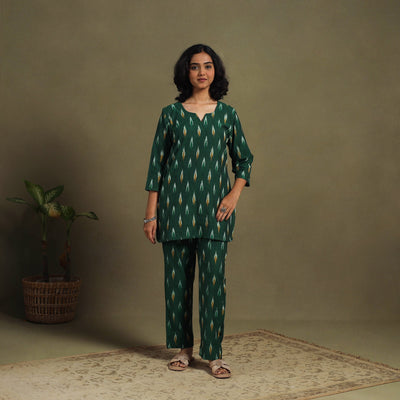 Green Cotton Pochampally Ikat Night Suit Set