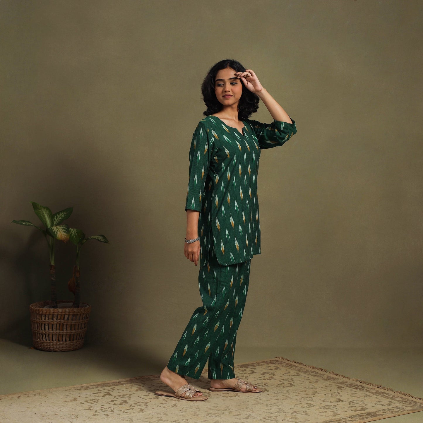 Green Cotton Pochampally Ikat Night Suit Set