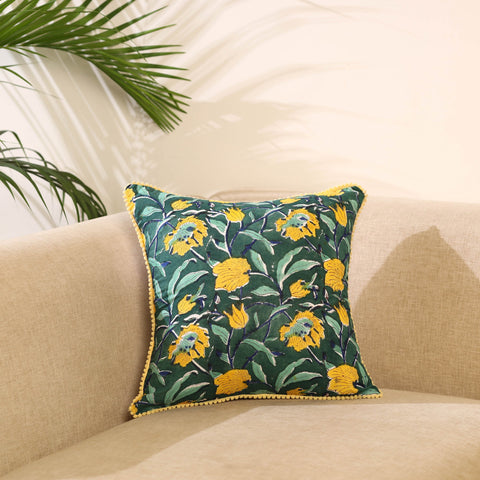 Green Block Print Cotton Sanganeri Cushion Cover