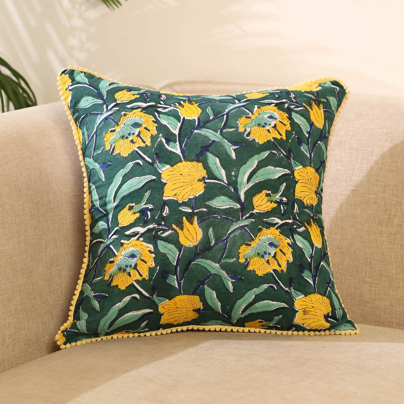 Green Block Print Cotton Sanganeri Cushion Cover