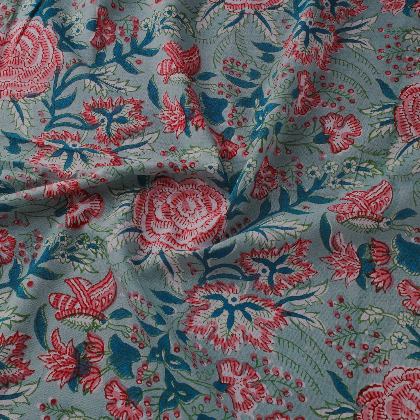 Green Block Print Cotton Sanganeri Fabric