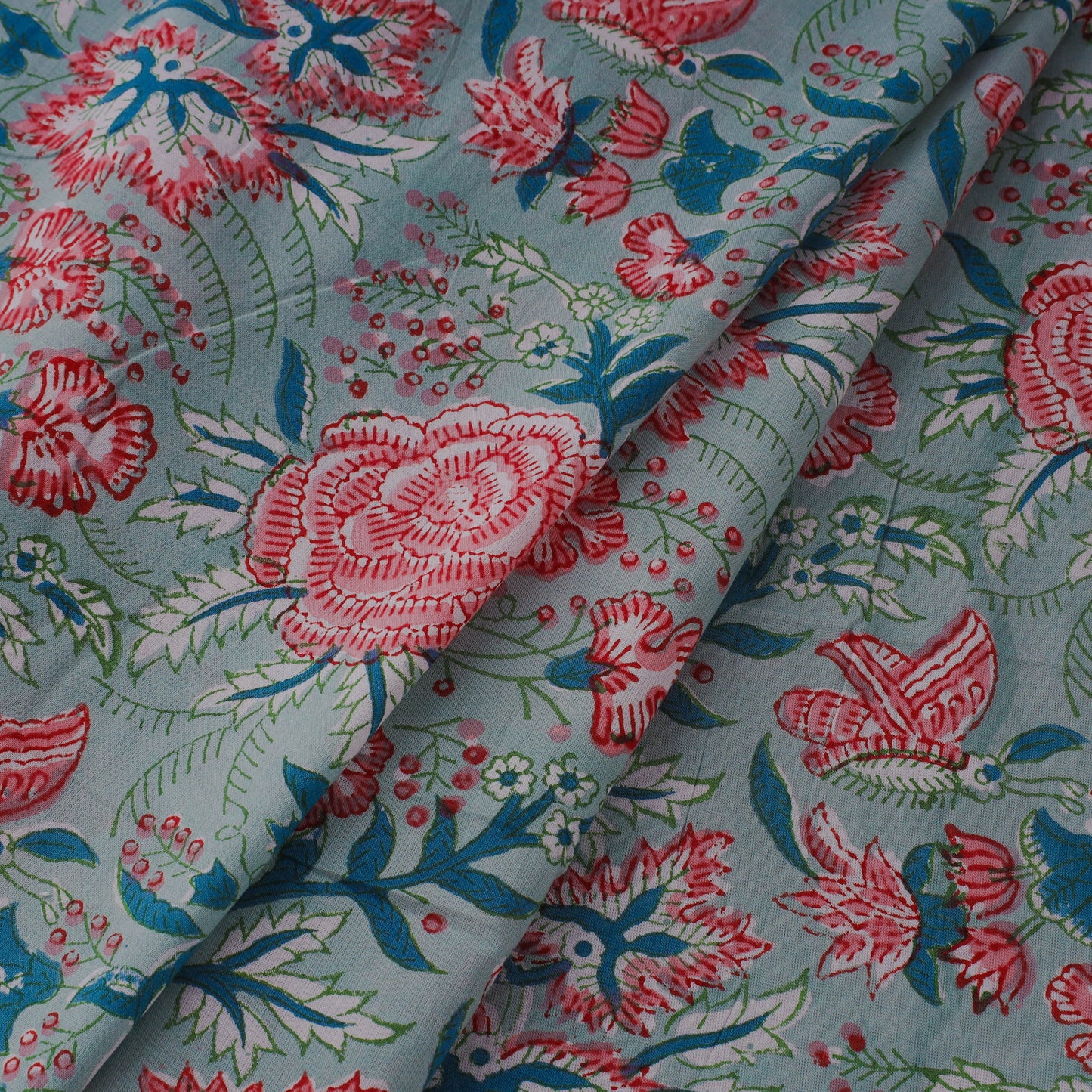 Green Block Print Cotton Sanganeri Fabric