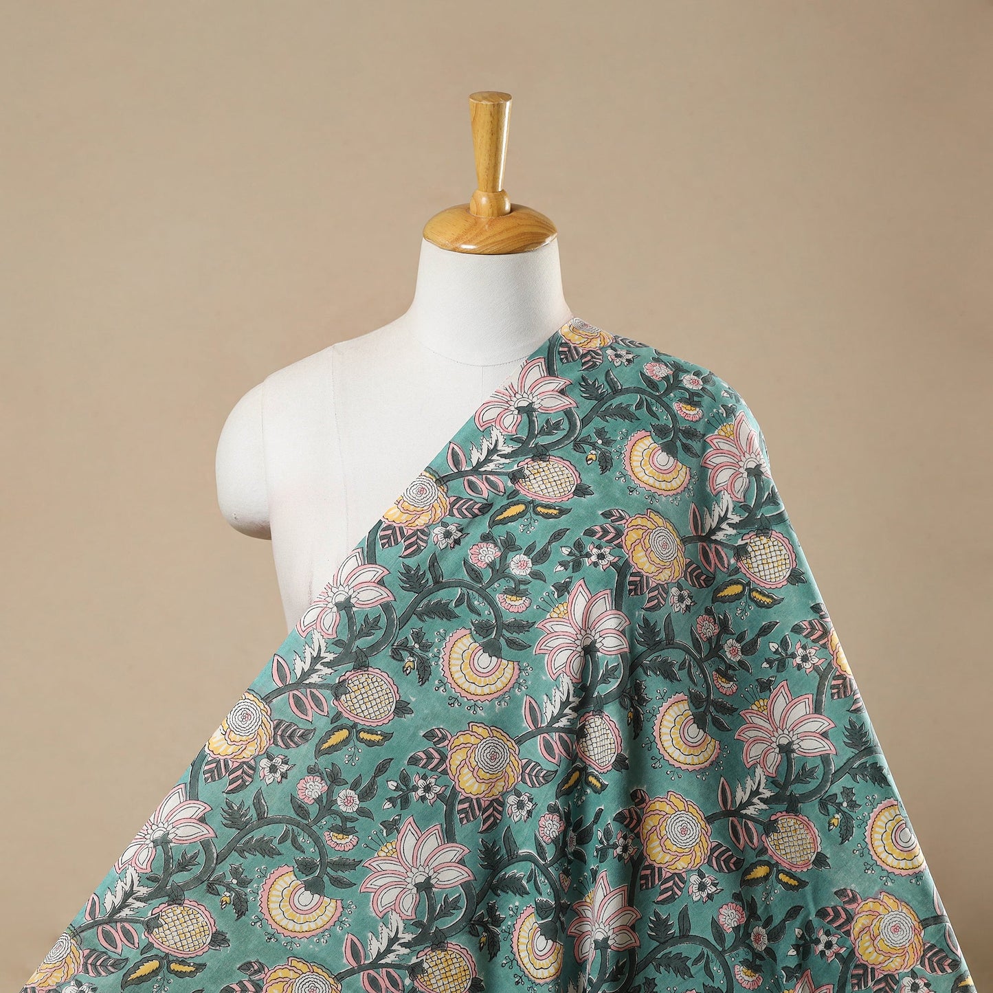  Green Block Print Cotton Sanganeri Fabric