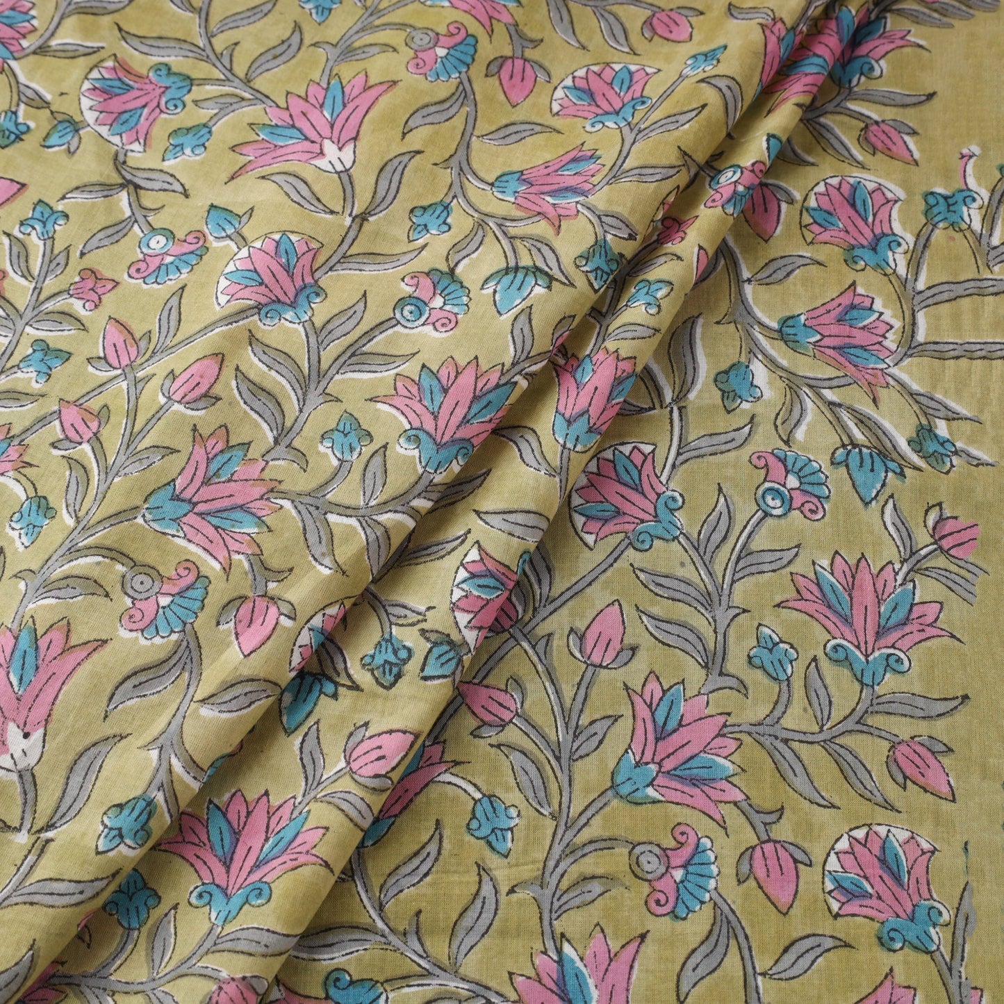 Green Block Print Cotton Sanganeri Fabric