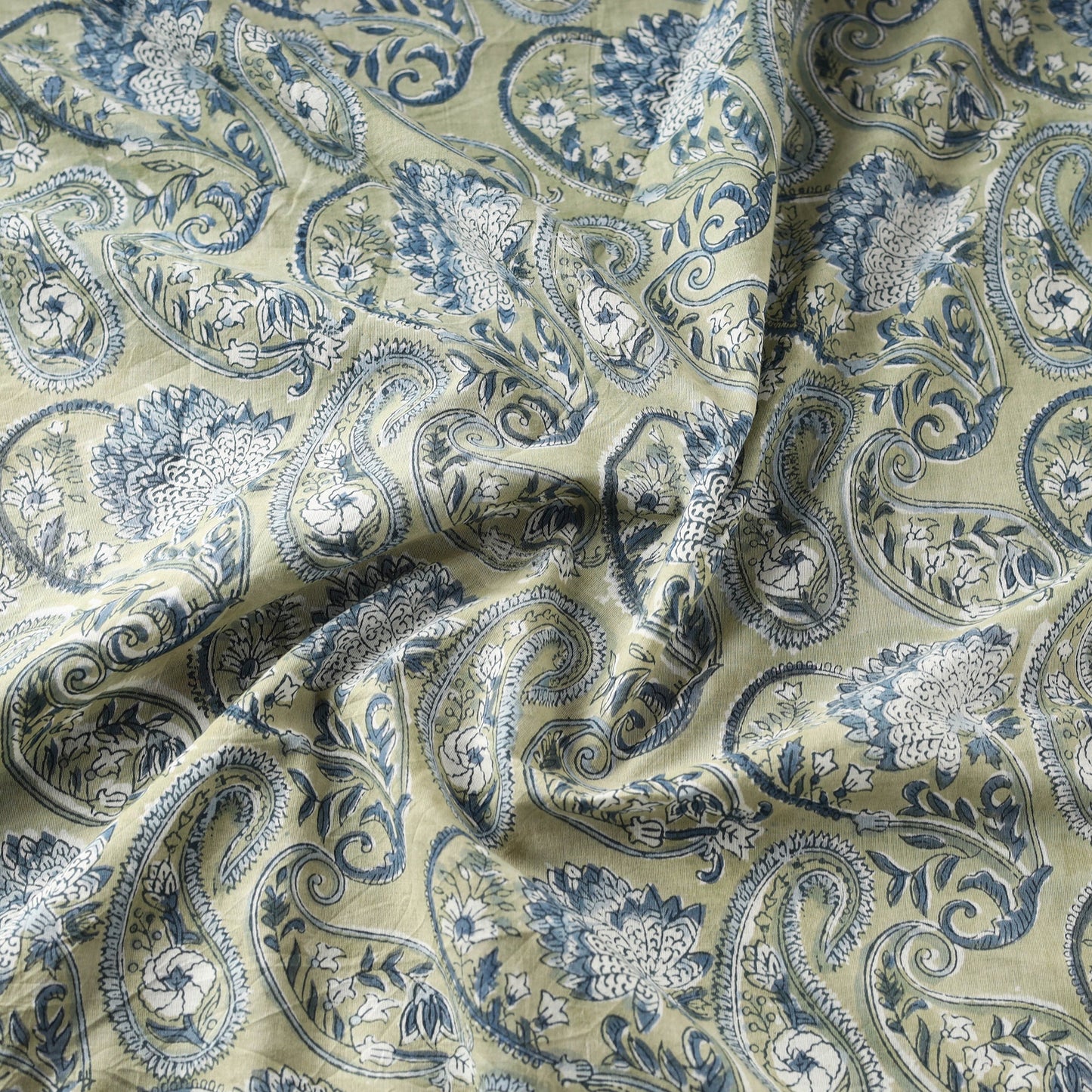Green Block Print Cotton Sanganeri Fabric