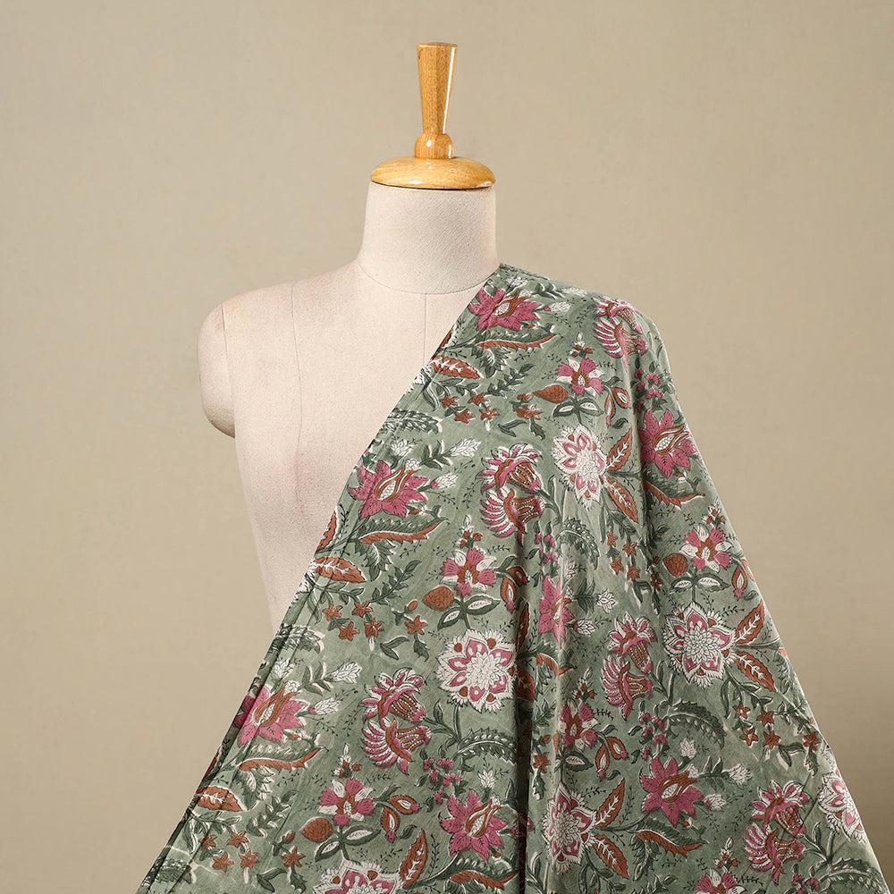 Green Block Print Cotton Sanganeri Fabric