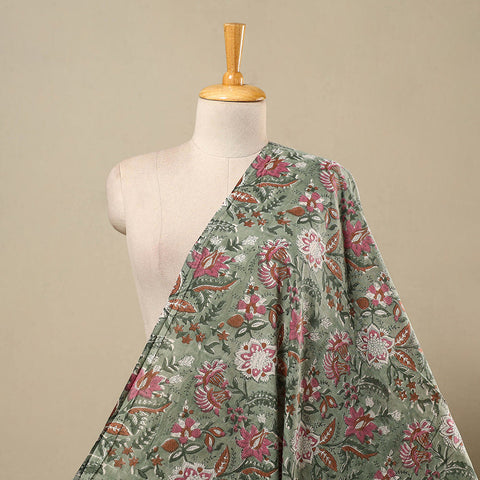 Green Block Print Cotton Sanganeri Fabric