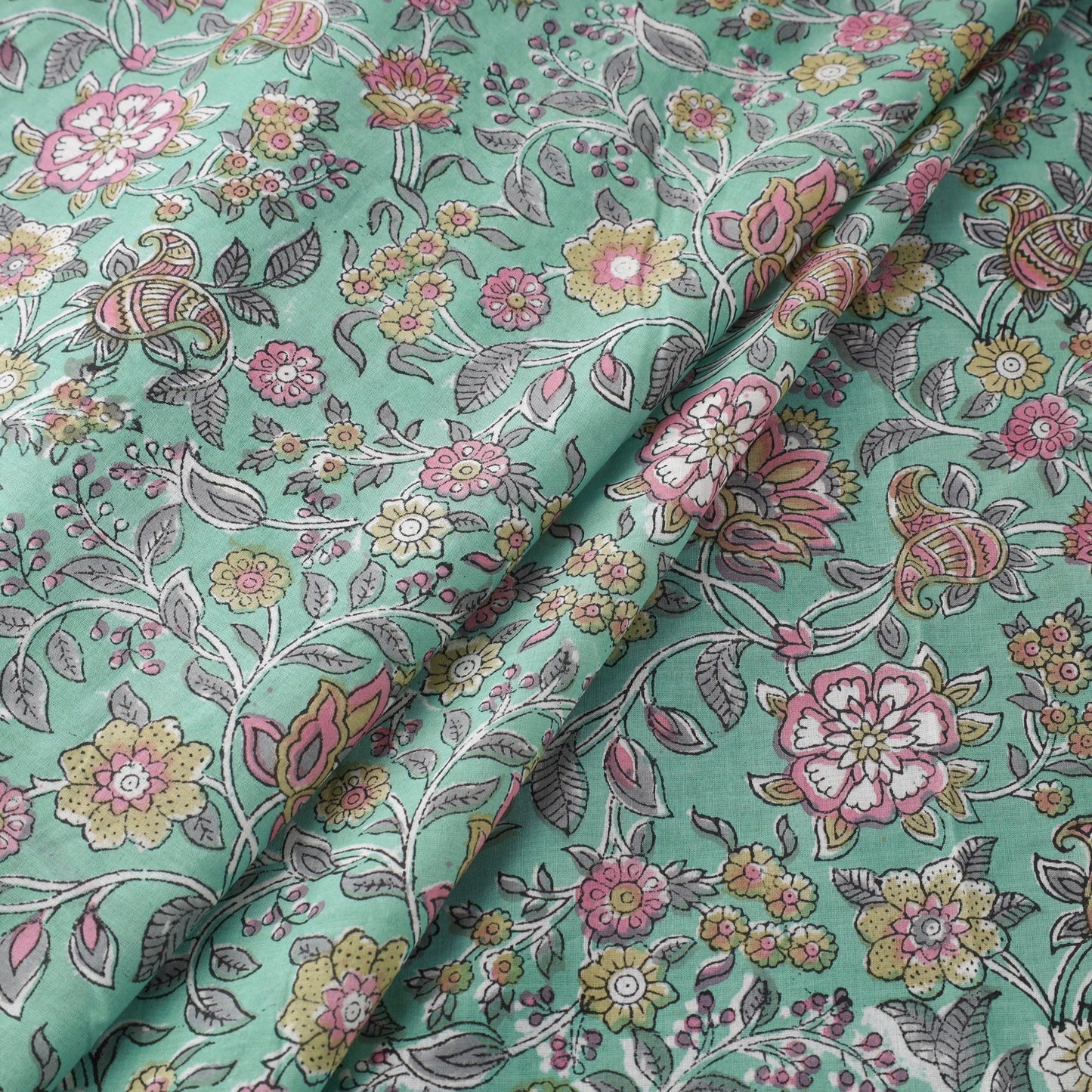 Green Block Print Cotton Sanganeri Fabric
