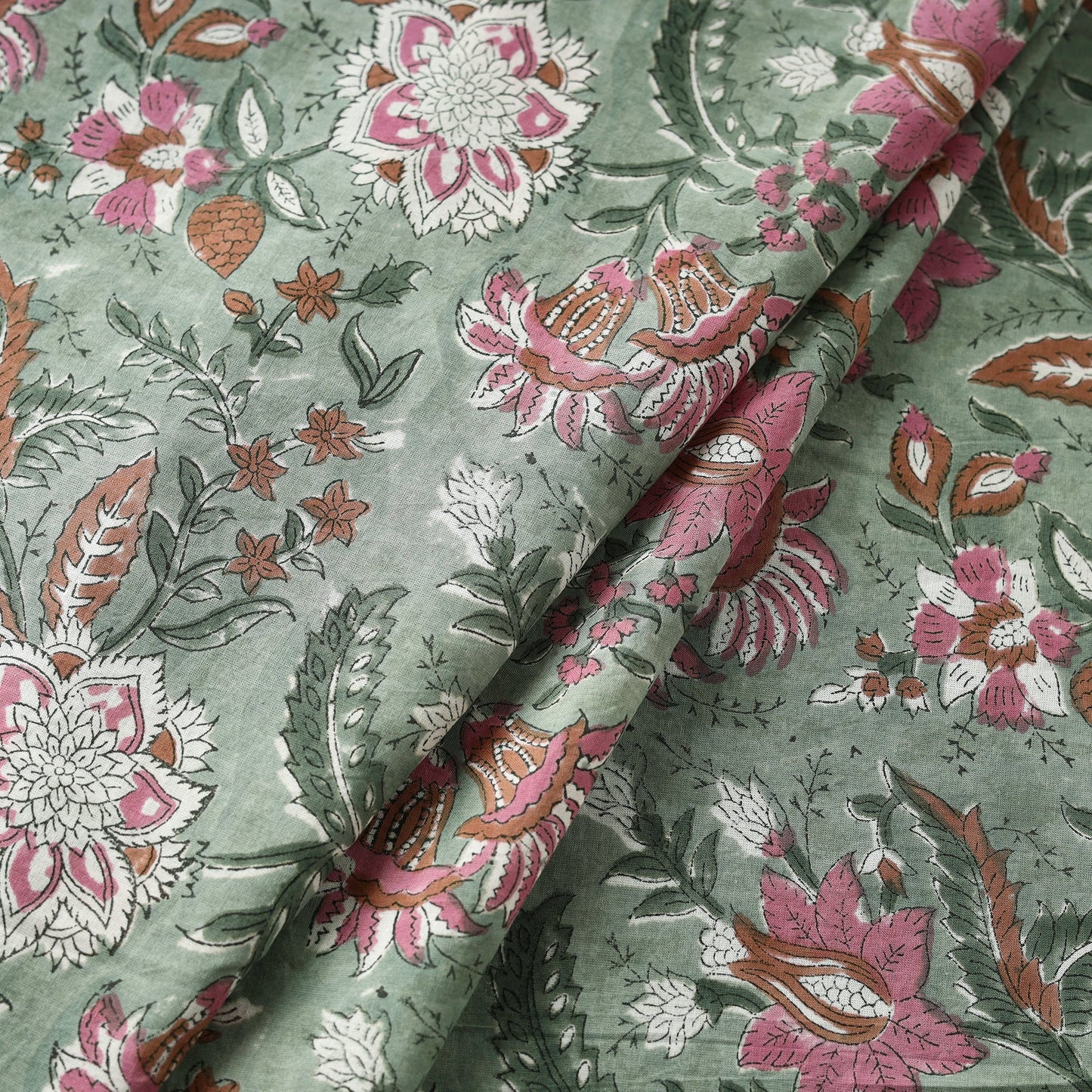 Green Block Print Cotton Sanganeri Fabric