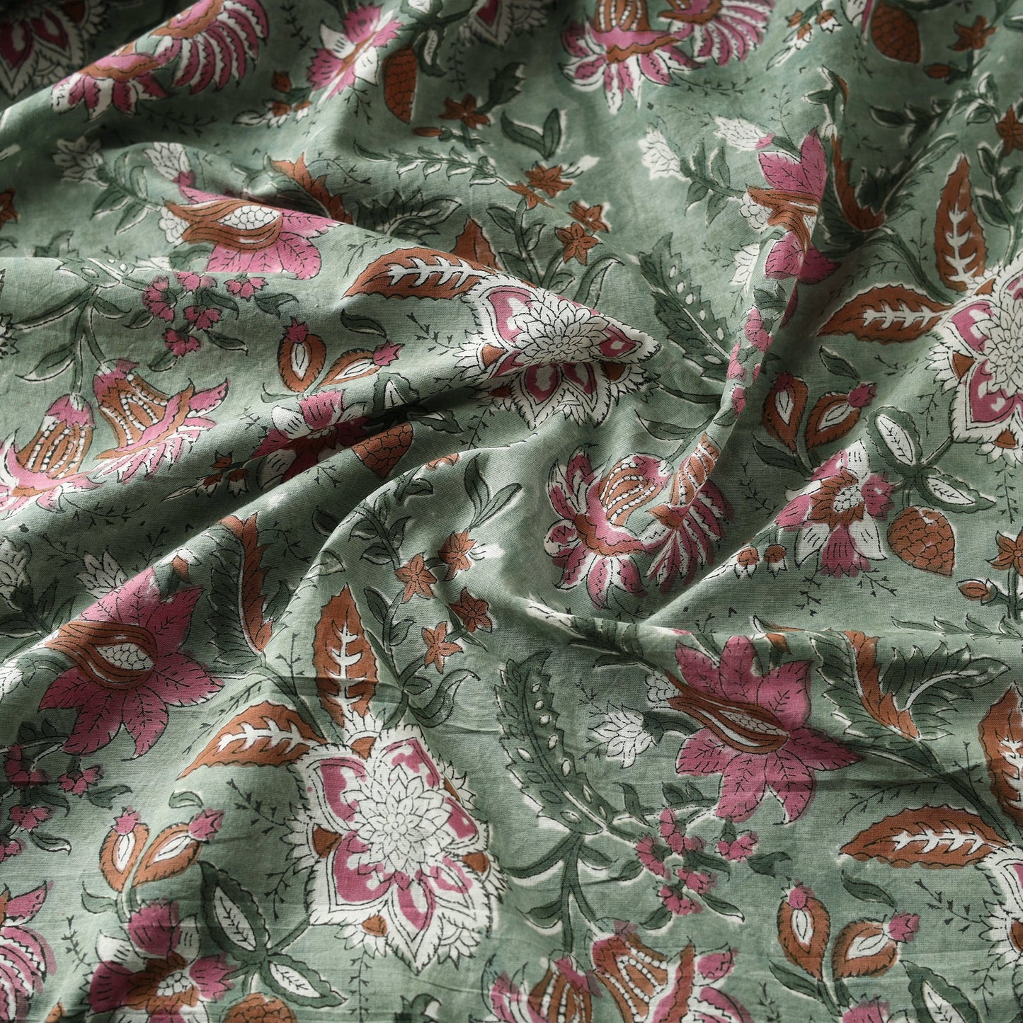 Green Block Print Cotton Sanganeri Fabric