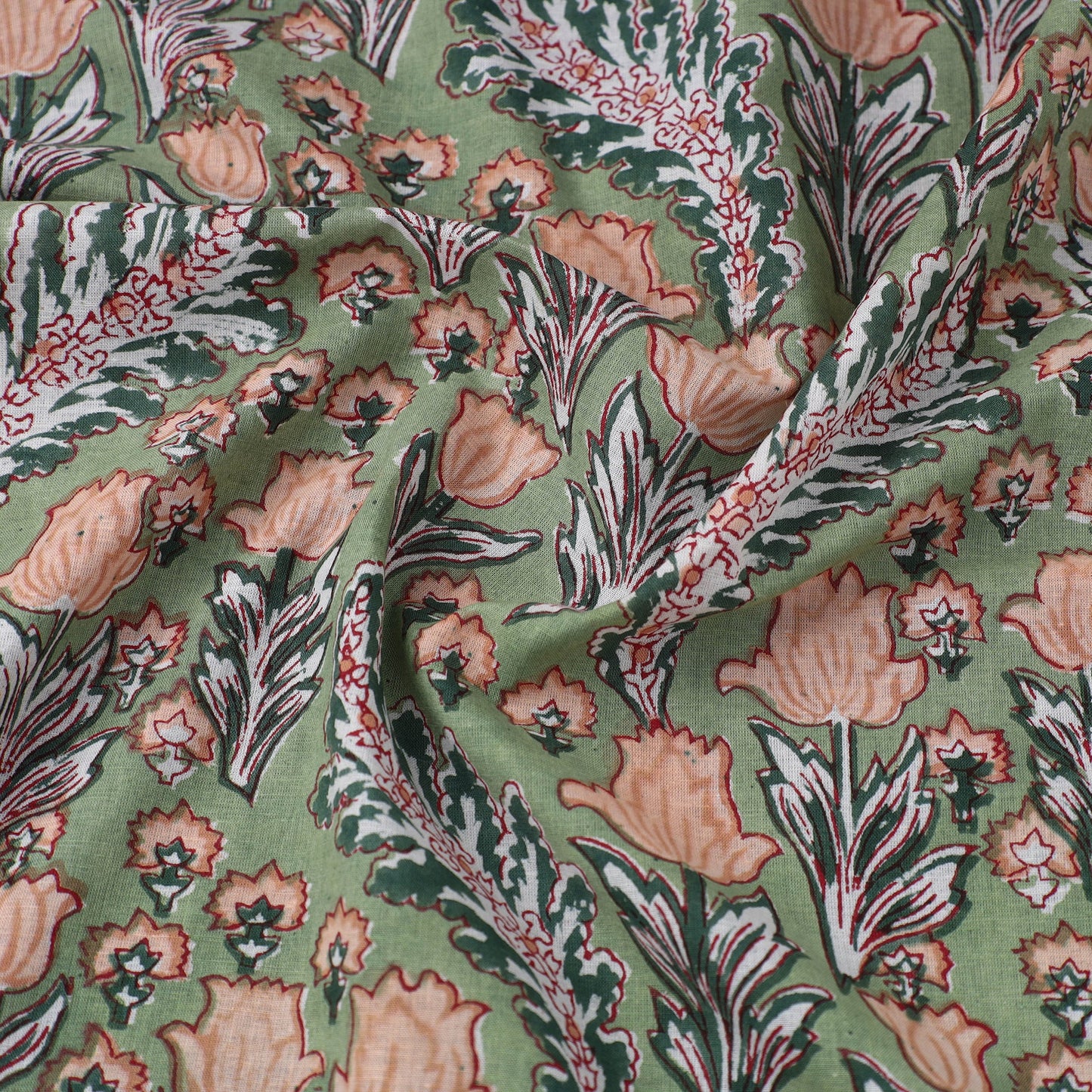  Green Block Print Cotton Sanganeri Fabric