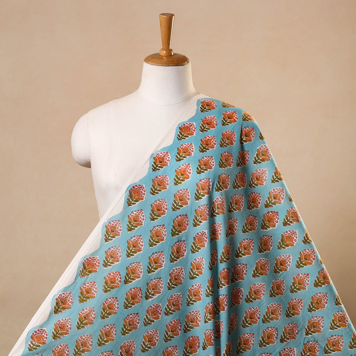 Green Block Print Cotton Sanganeri Fabric