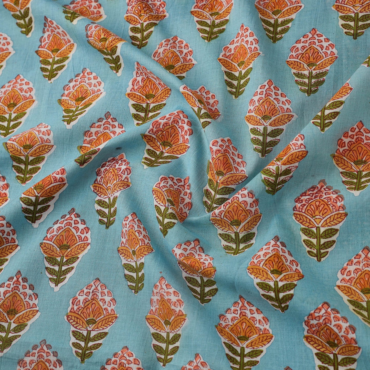 Green Block Print Cotton Sanganeri Fabric