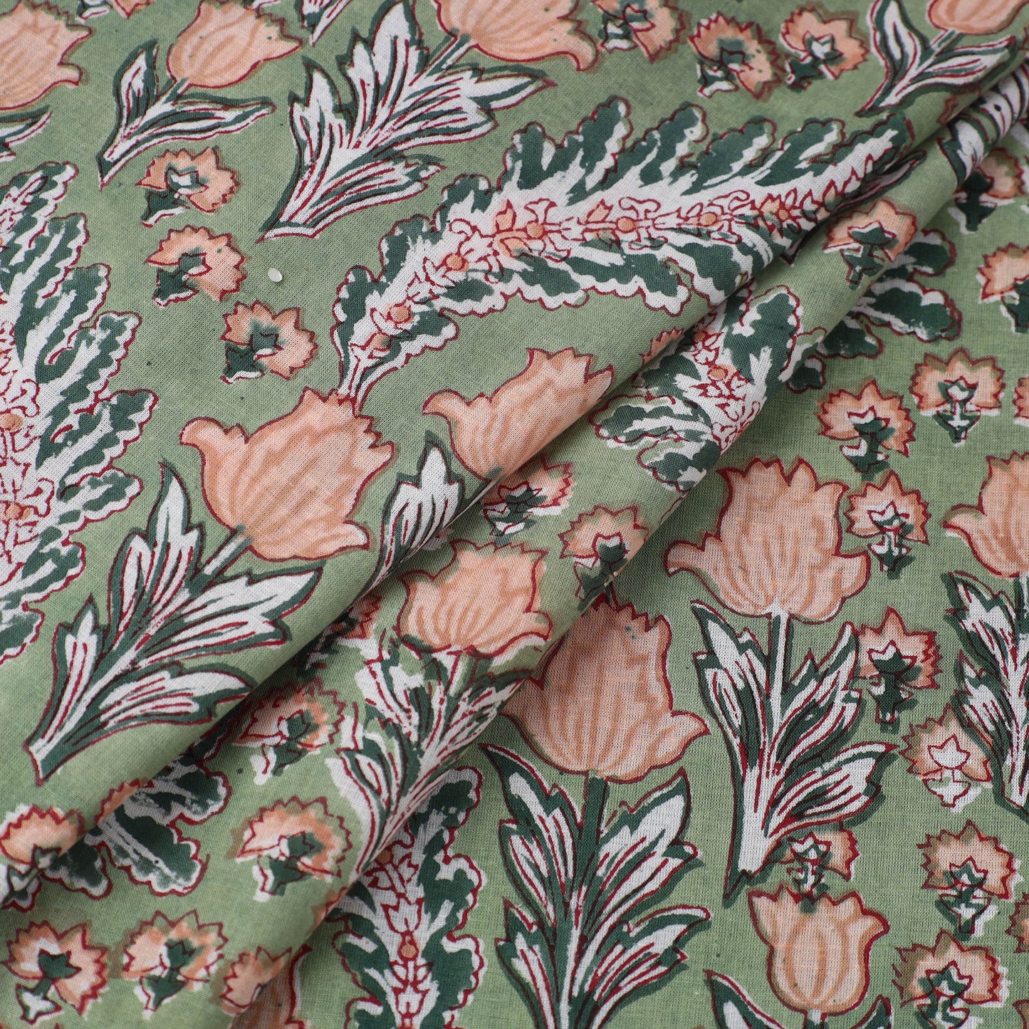  Green Block Print Cotton Sanganeri Fabric
