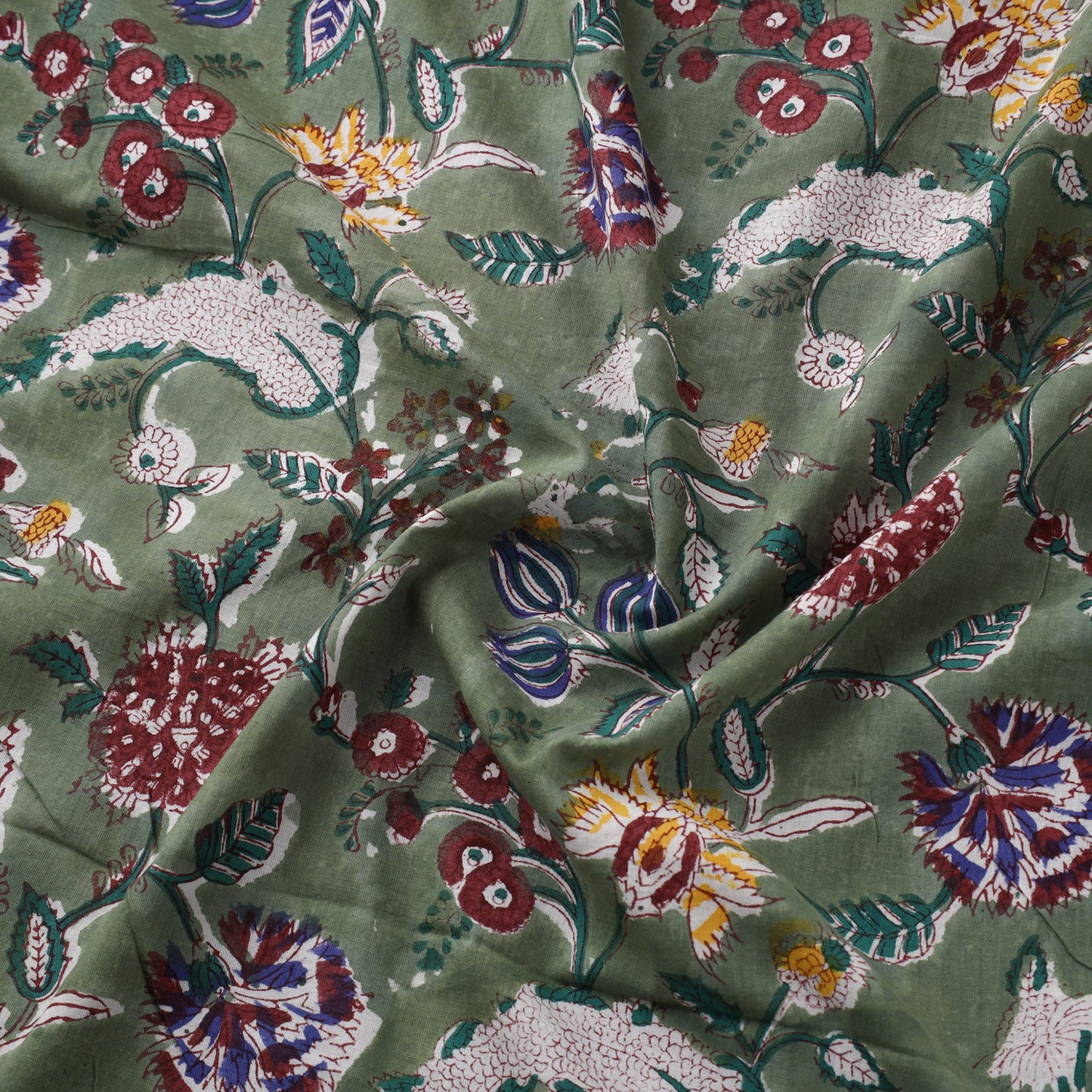 Green Block Print Cotton Sanganeri Fabric
