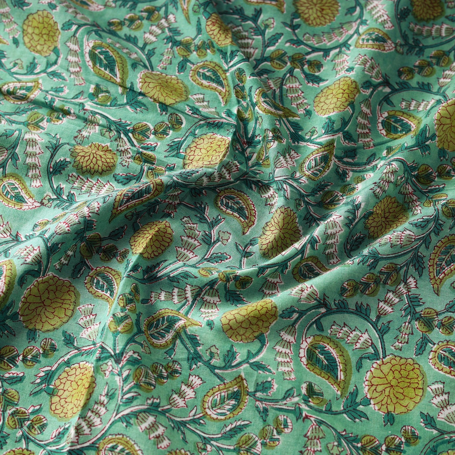 Green Block Print Cotton Sanganeri Fabric