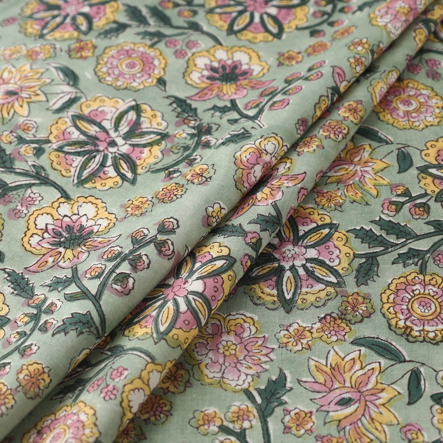  Green Block Print Cotton Sanganeri Fabric