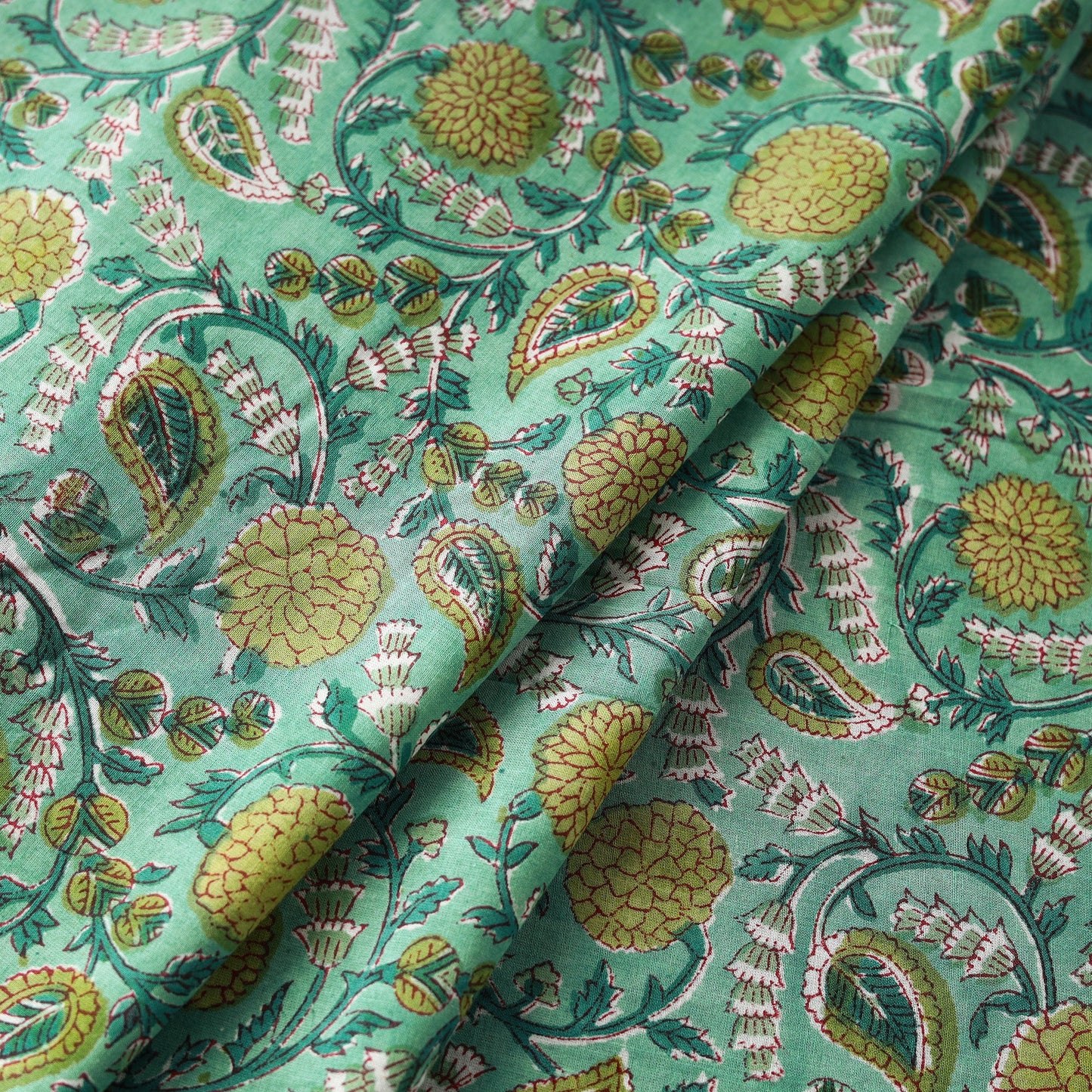 Green Block Print Cotton Sanganeri Fabric