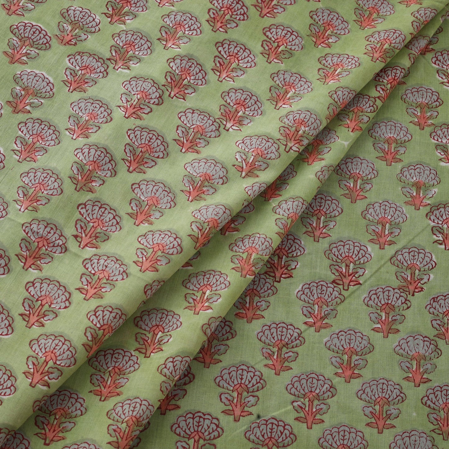 Green Block Print Cotton Sanganeri Fabric