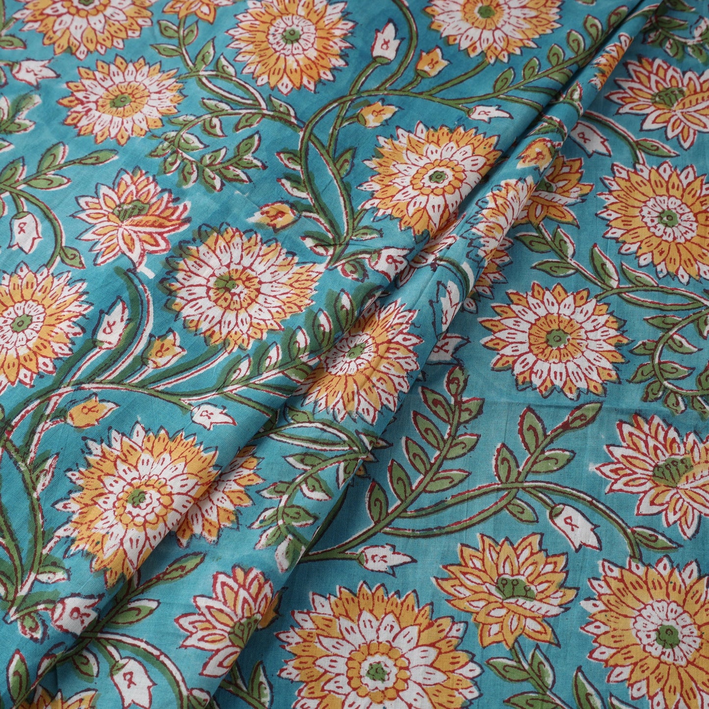 Green Block Print Cotton Sanganeri Fabric