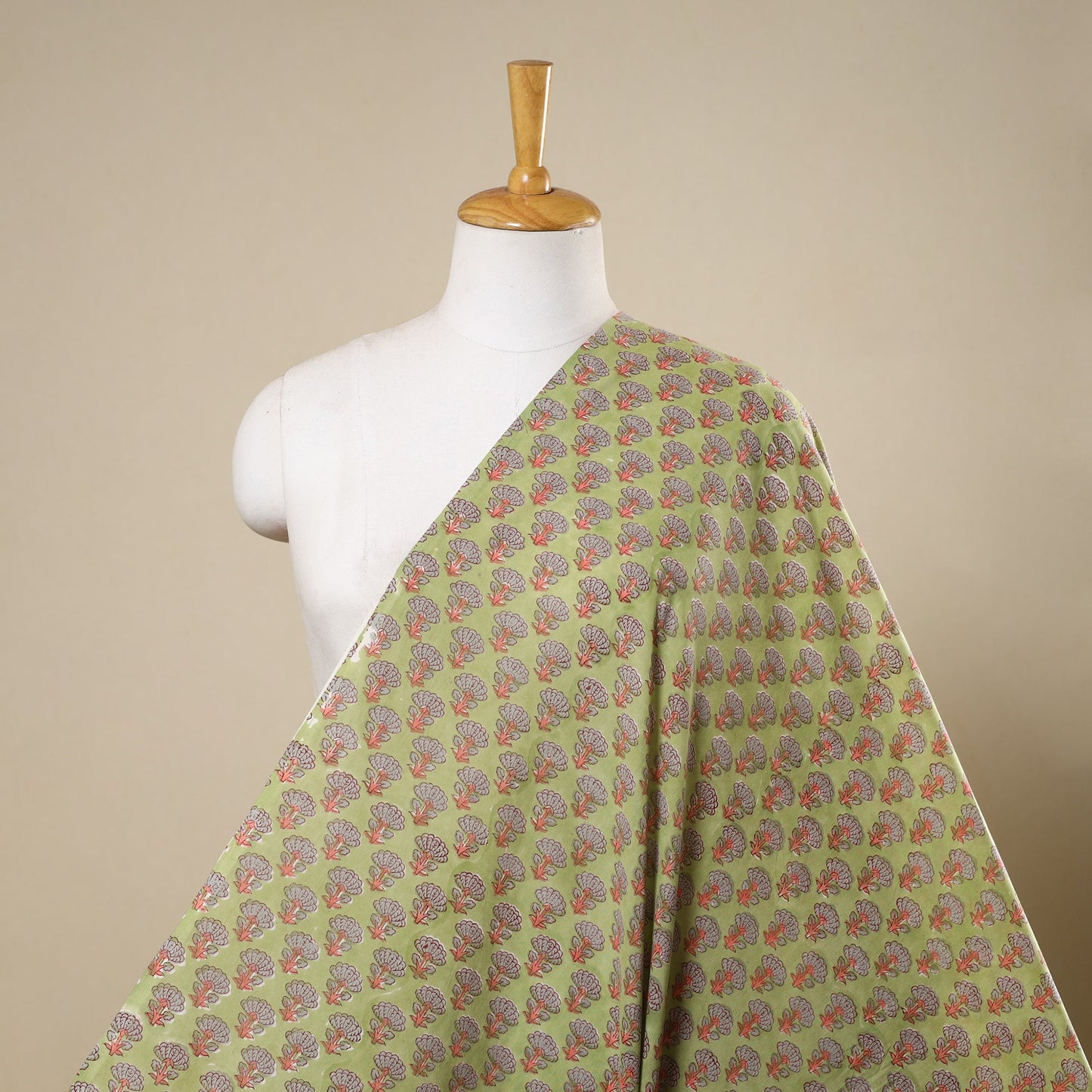 Green Block Print Cotton Sanganeri Fabric