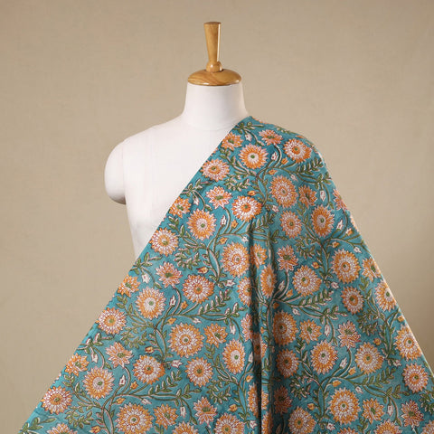 Green Block Print Cotton Sanganeri Fabric