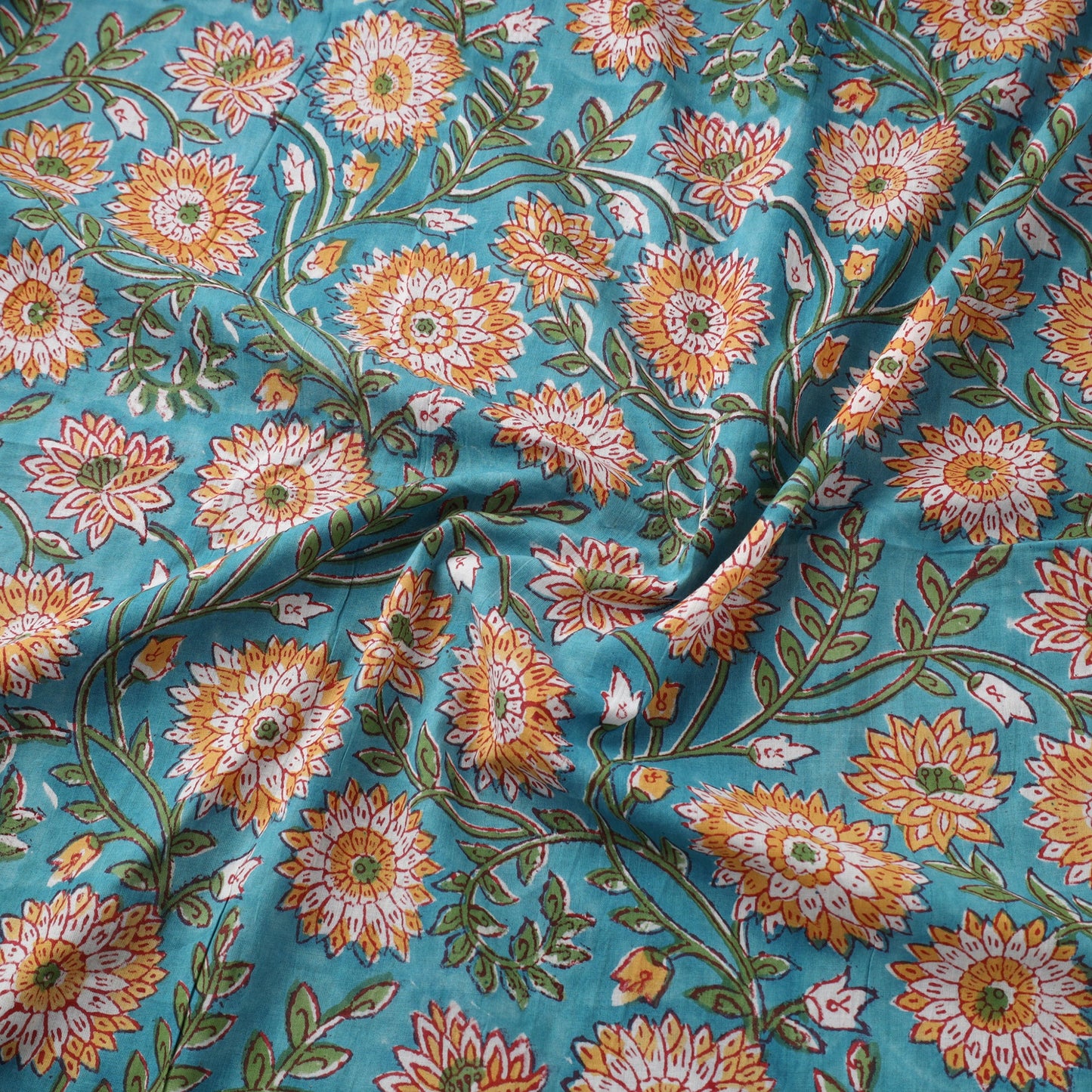 Green Block Print Cotton Sanganeri Fabric