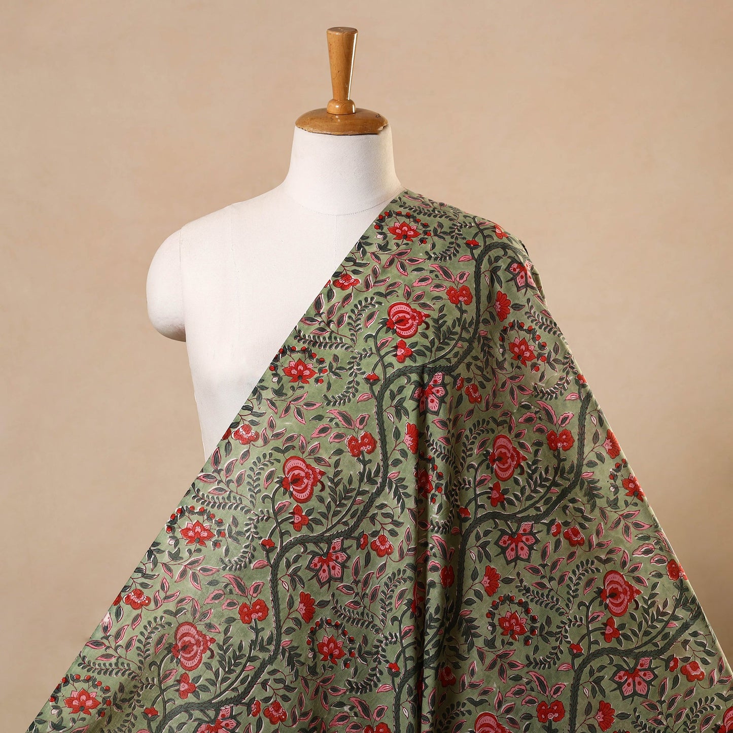 Green Block Print Cotton Sanganeri Fabric