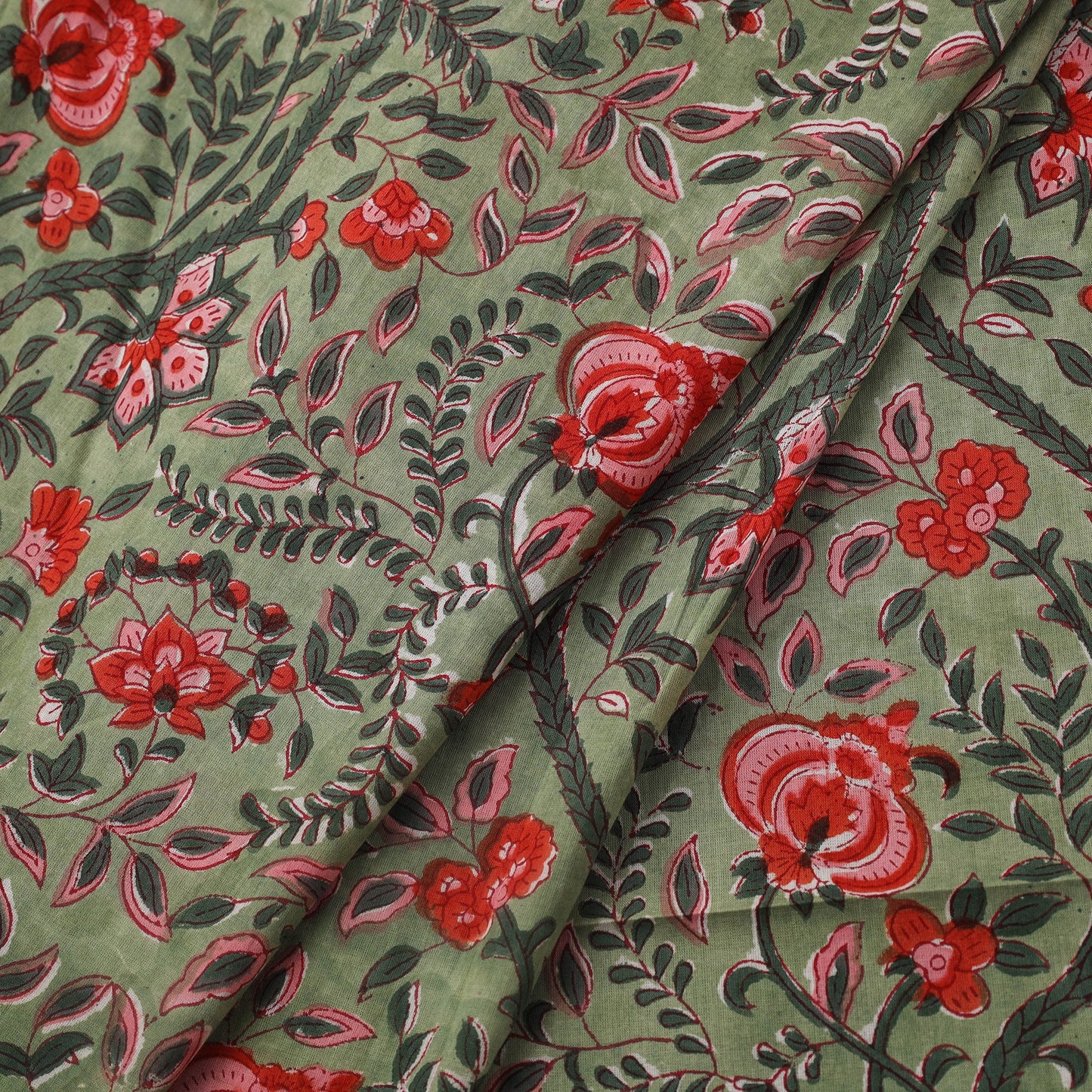 Green Block Print Cotton Sanganeri Fabric