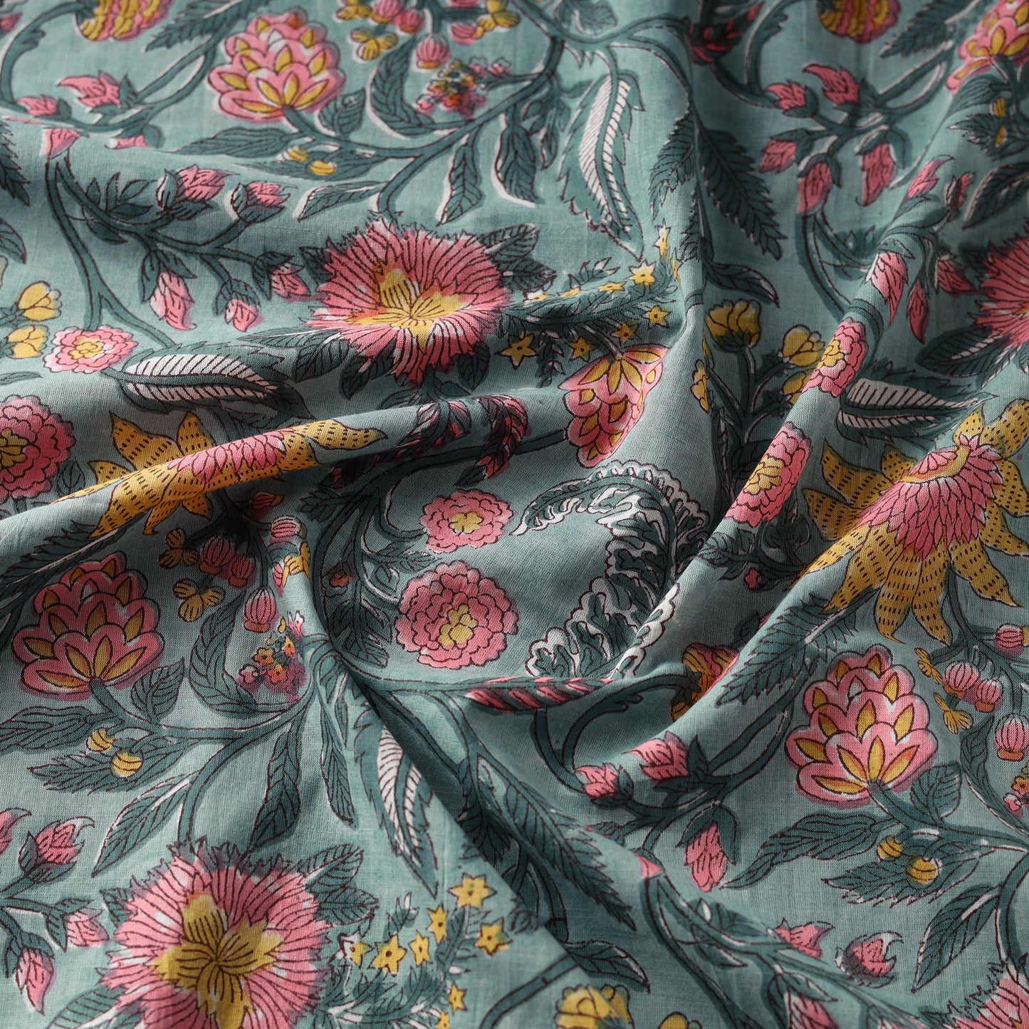 Green Block Print Cotton Sanganeri Fabric