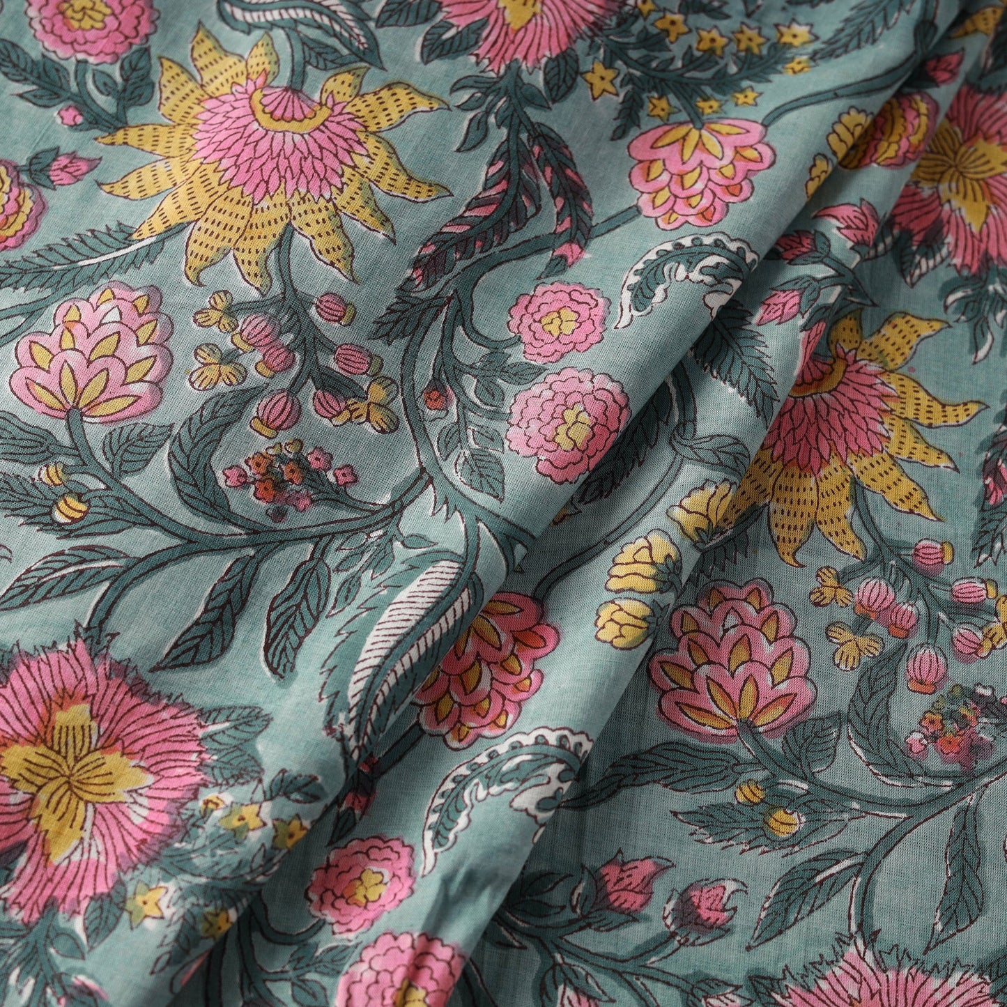 Green Block Print Cotton Sanganeri Fabric