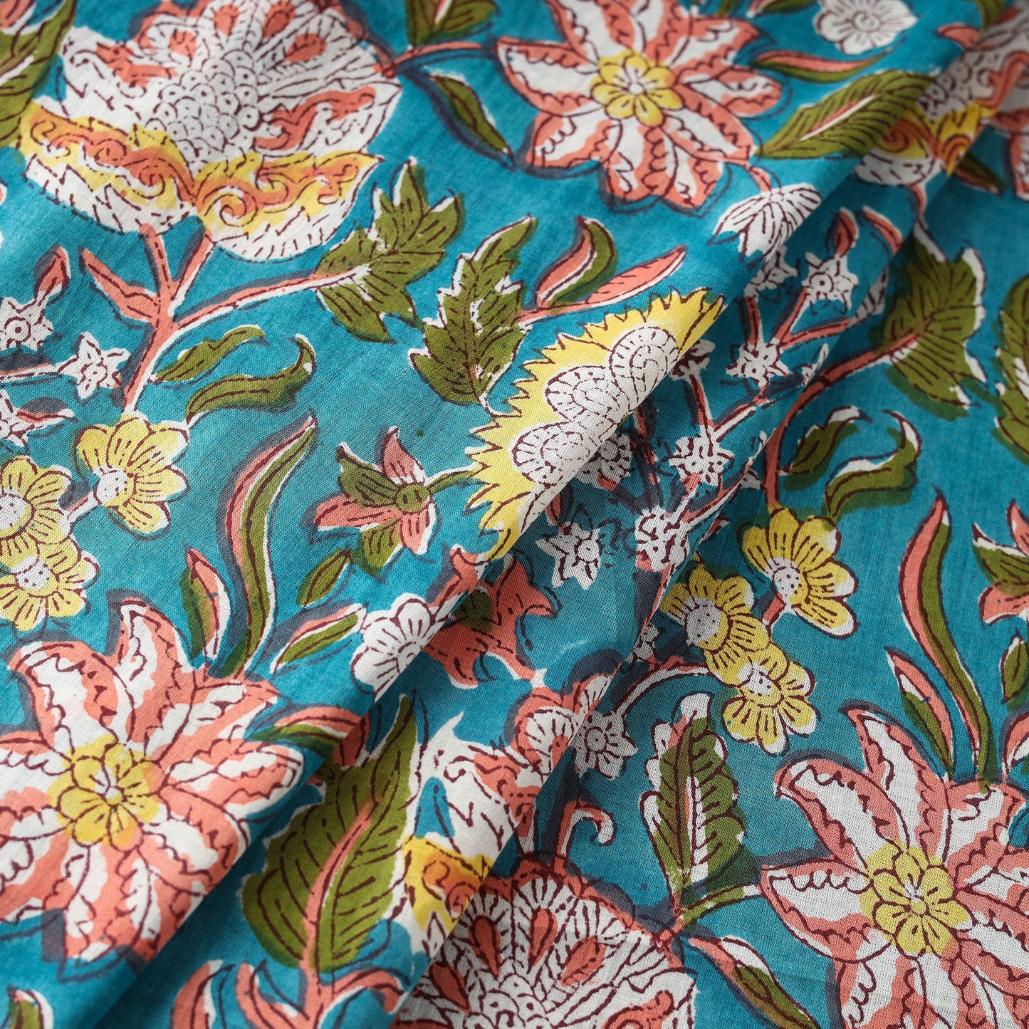 Green Block Print Cotton Sanganeri Fabric