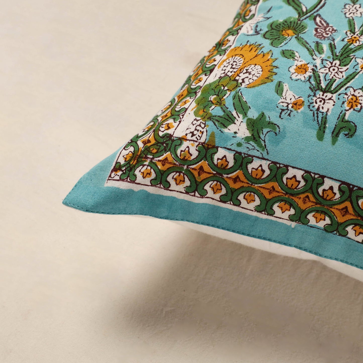 Green - cotton sanganeri floral cushion cover (16 x 16 in)