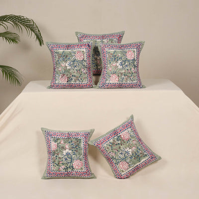 Green - cotton sanganeri floral cushion cover (set of 5) 23